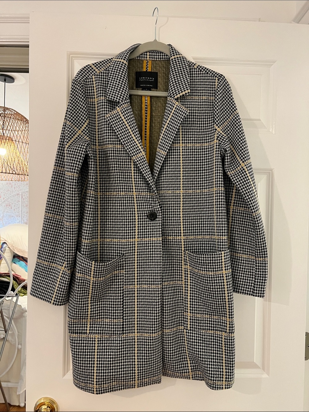 Sanctuary Black and Cream Checked Long Blazer Coat